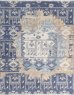 Southwestern Pictorial Hand-Knotted Wool Rug | Indigo Blue, Slate & Beige