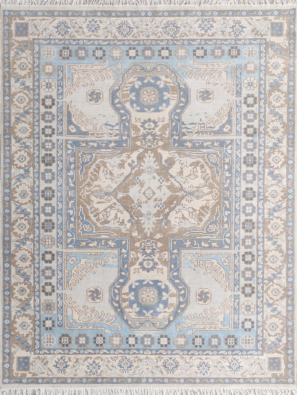 Traditional Oushak Medallion Hand-Knotted Rug in Soft Blue & Beige