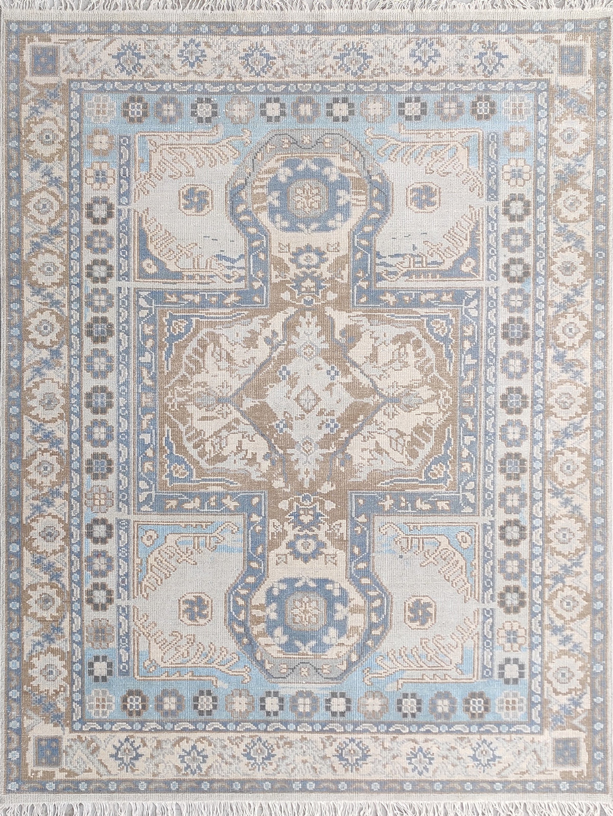 Traditional Oushak Medallion Hand-Knotted Rug in Soft Blue & Beige