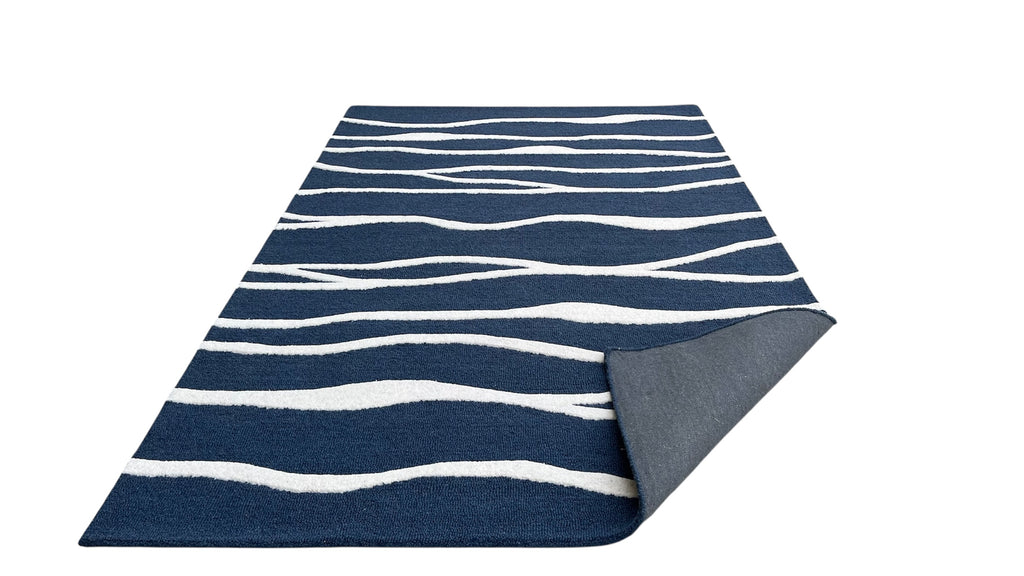 Allover Wave Pattern Wool Rug Navy Blue