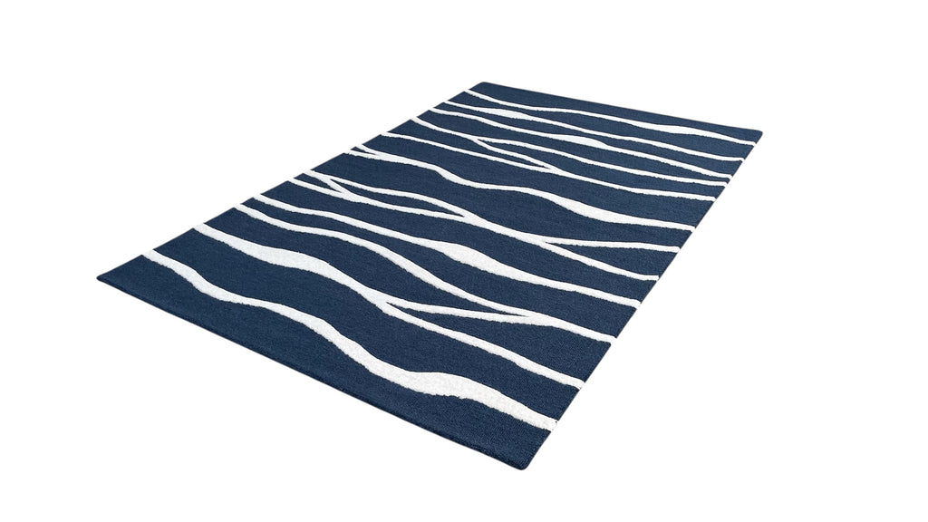 Allover Wave Pattern Wool Rug Navy Blue