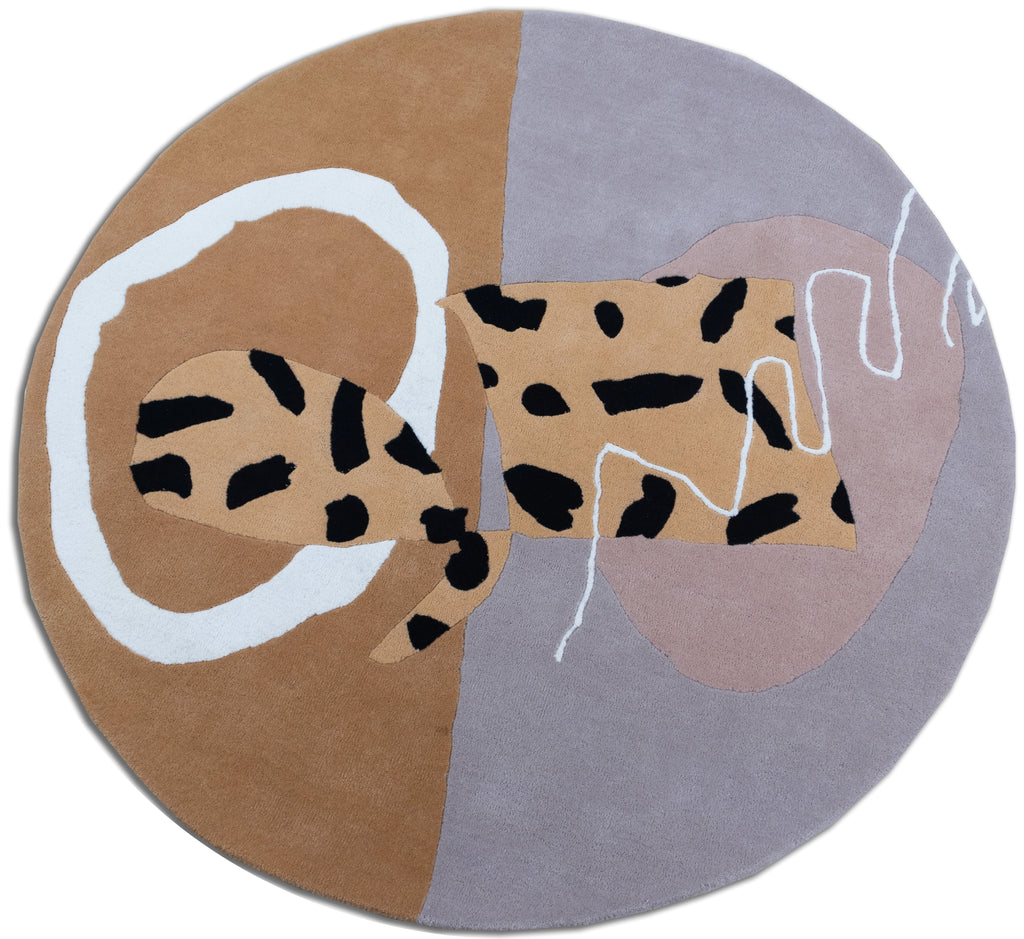 Boho Cheetah Round Abstract Hand Tufted Wool Rug Peach