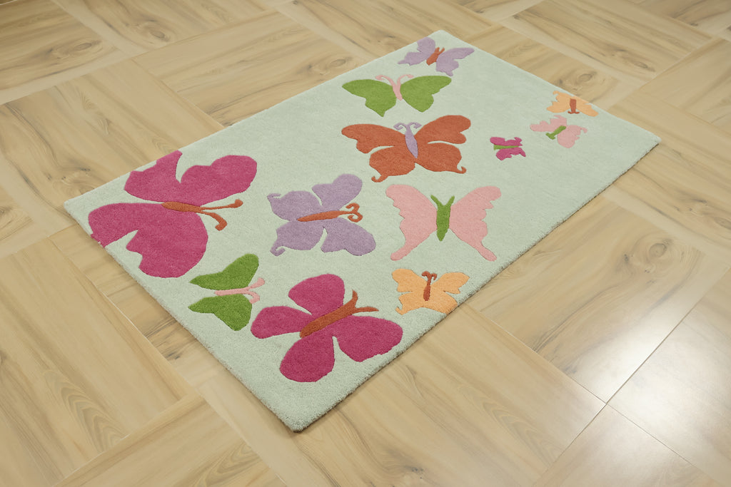 Butterflies Kids Collection Hand Tufted Wool Rug Light Green