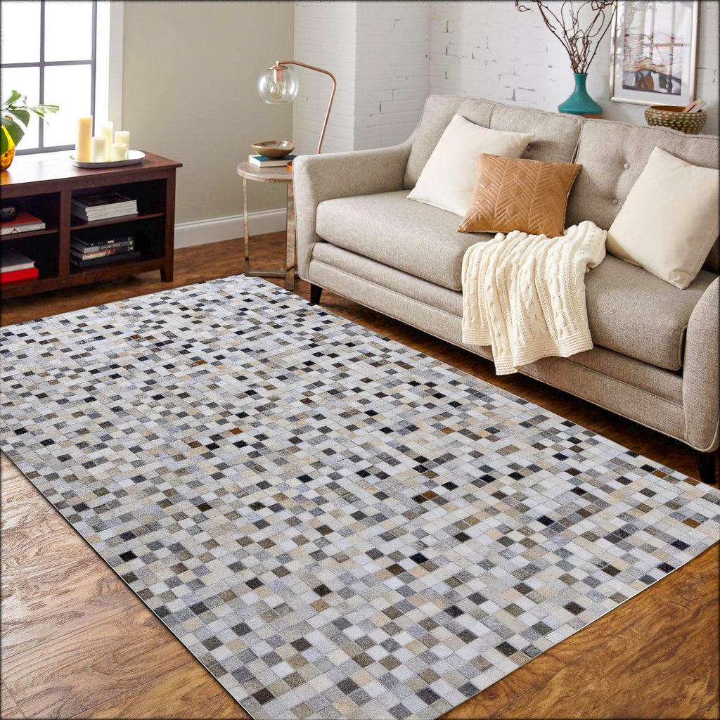 Checkered Leather Hide Rug Multicolor 1 Inch