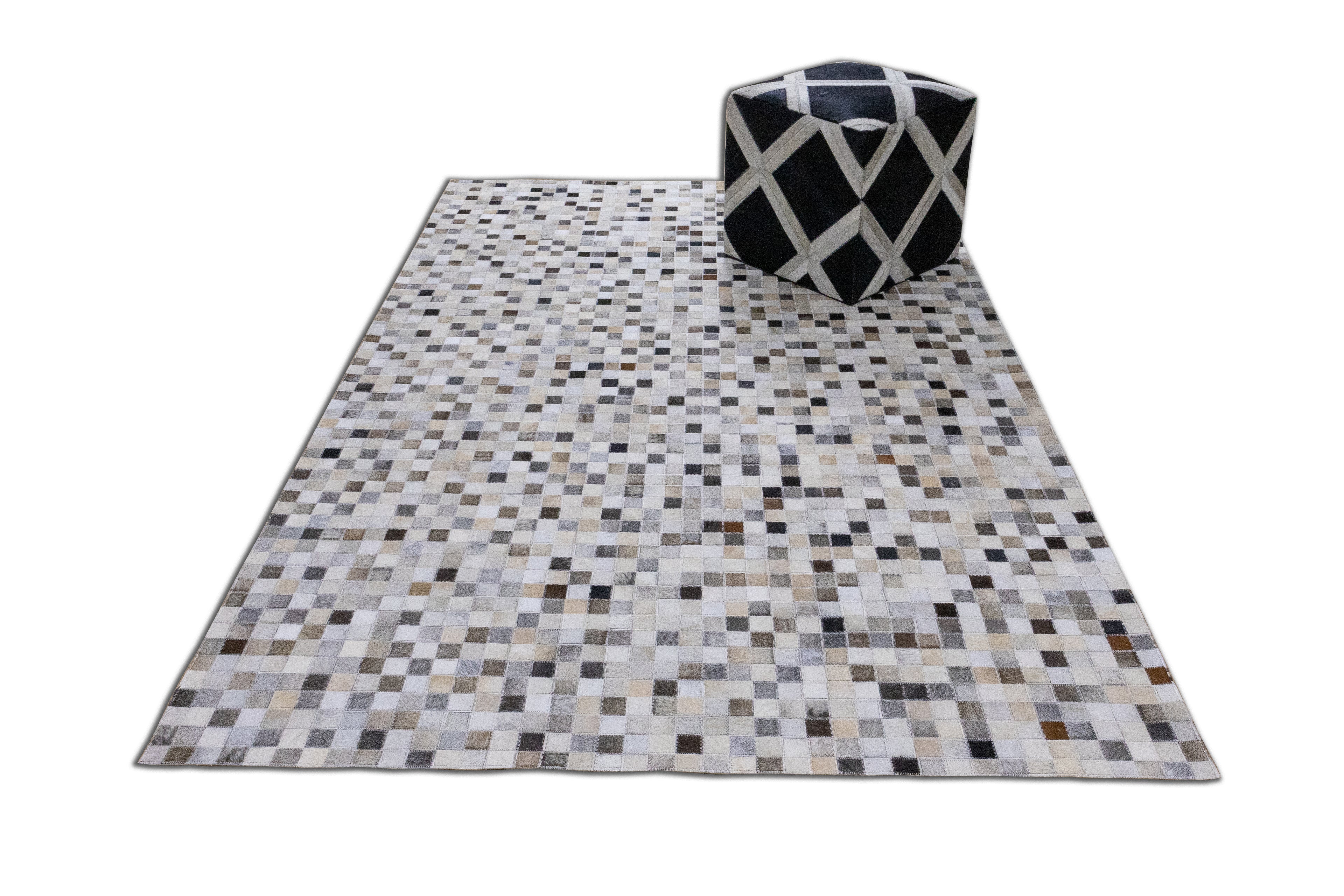 Checkered Leather Hide Rug Multicolor 1 Inch