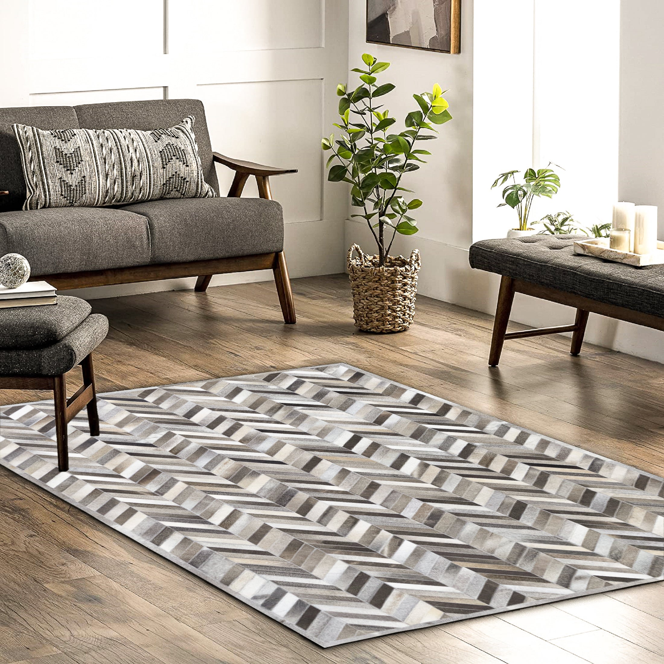 Chevron Leather Hide Rug Coffee Brown