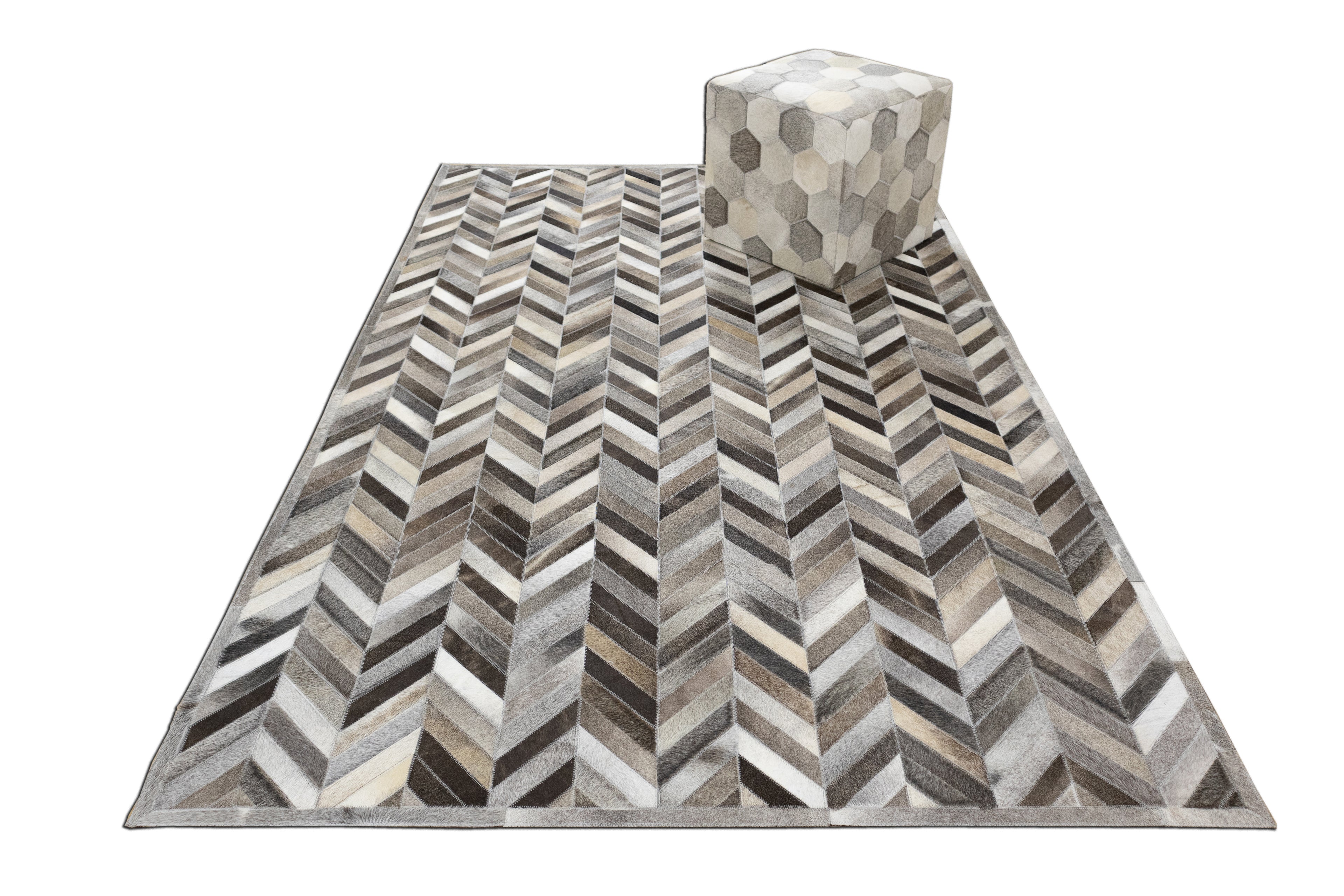 Chevron Leather Hide Rug Coffee Brown