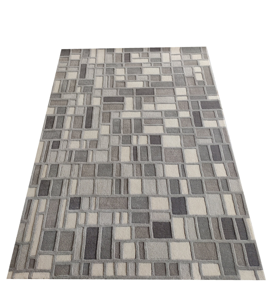 Cross Hatch Hand Tufted Wool Rug Light Grey