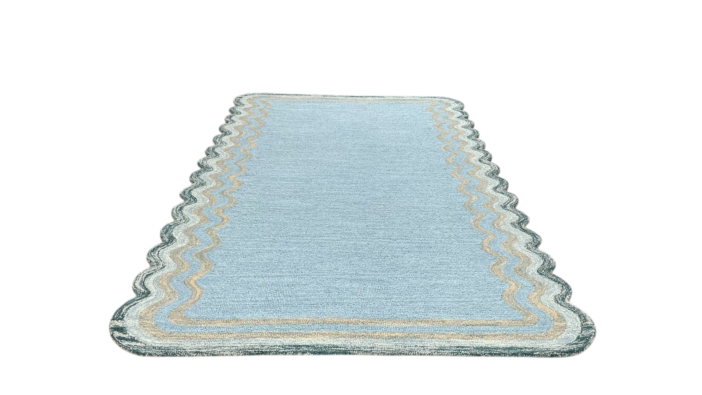 DT Scalloped Border Hand Tufted Loop Wool Rug Sea Green