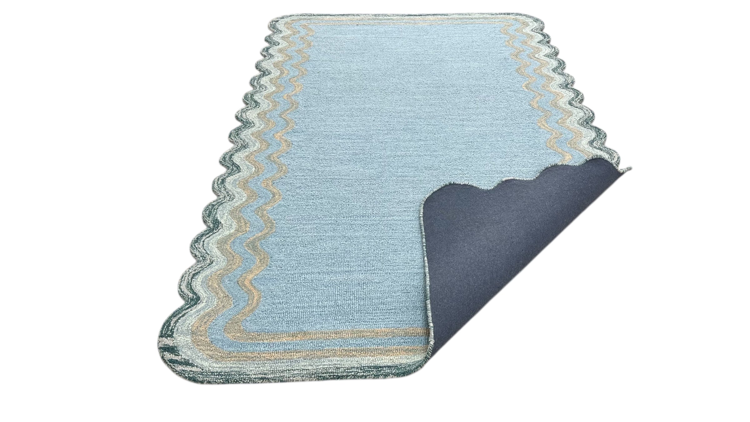 DT Scalloped Border Hand Tufted Loop Wool Rug Sea Green