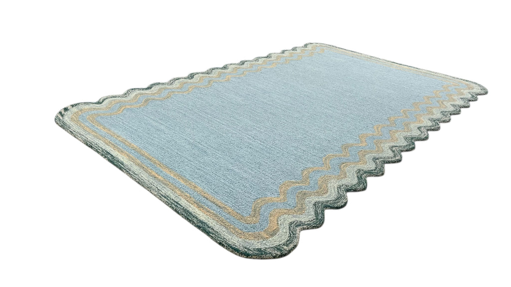 DT Scalloped Border Hand Tufted Loop Wool Rug Sea Green