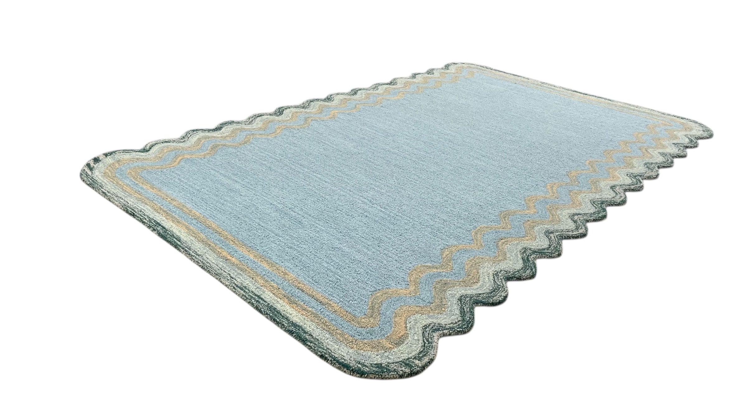 DT Scalloped Border Hand Tufted Loop Wool Rug Sea Green