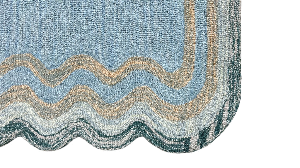 DT Scalloped Border Hand Tufted Loop Wool Rug Sea Green
