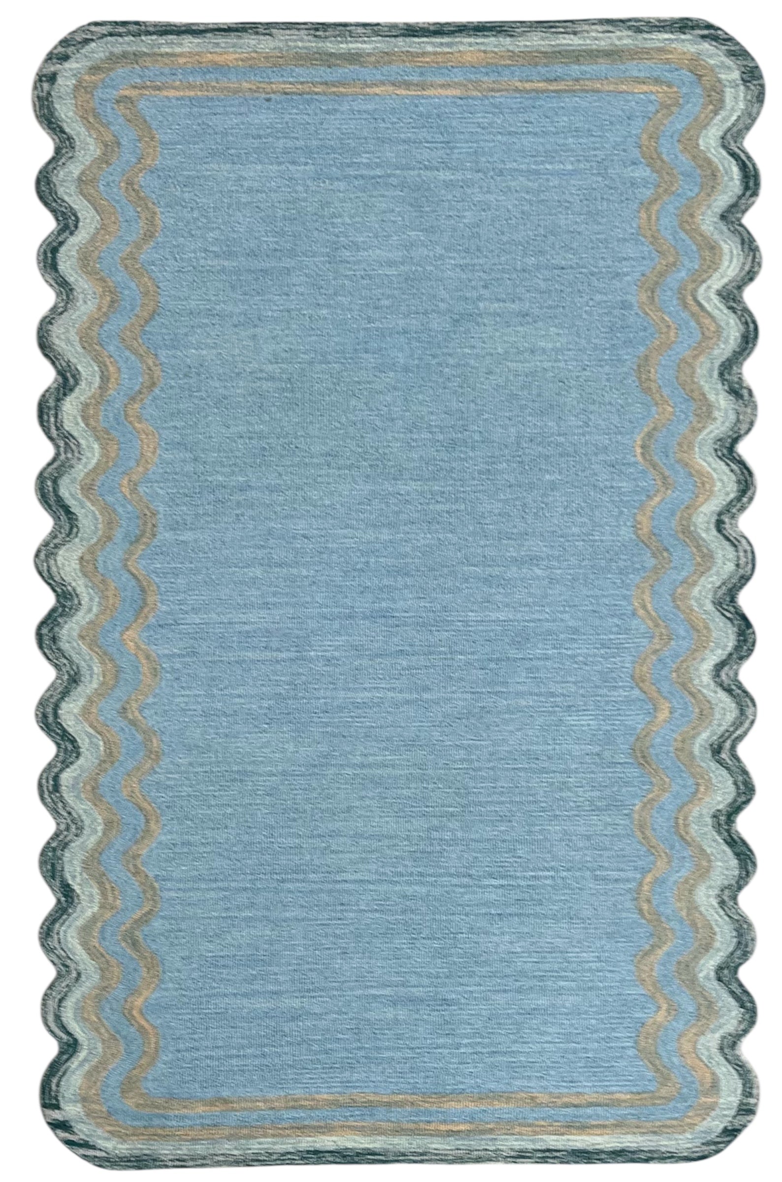 DT Scalloped Border Hand Tufted Loop Wool Rug Sea Green