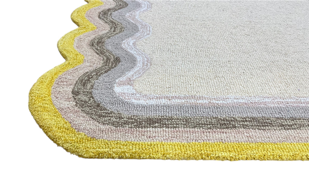 DT Scalloped Border Hand Tufted Loop Wool Rug Sun Yellow