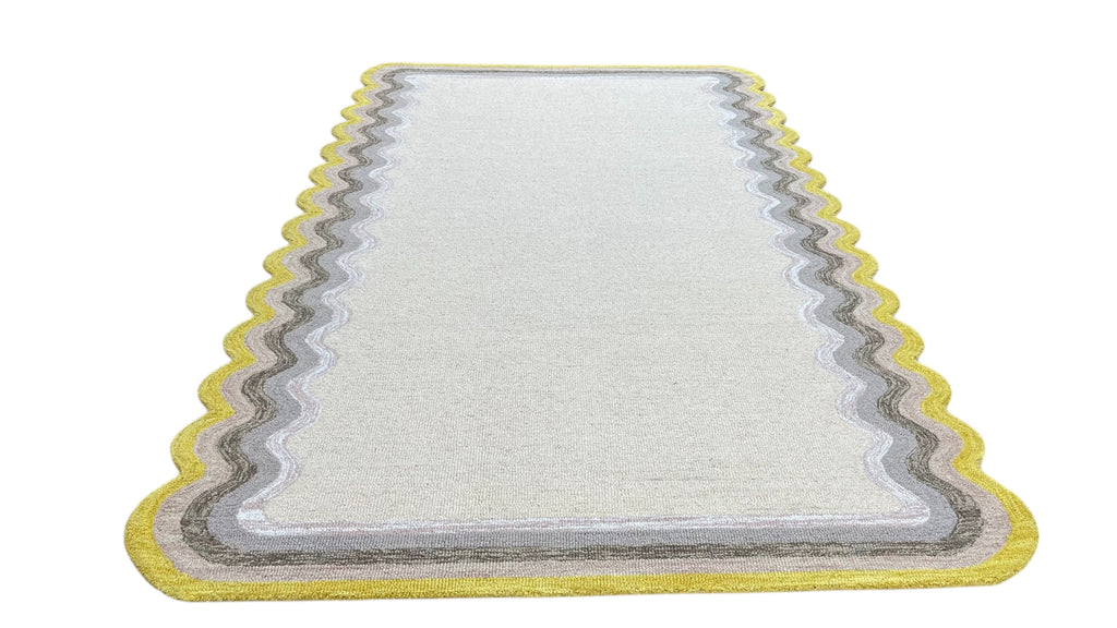DT Scalloped Border Hand Tufted Loop Wool Rug Sun Yellow