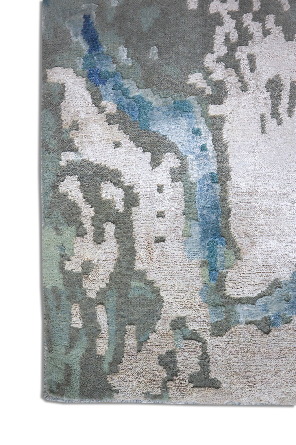 Deepwater Abstract Indo Nepali Hand Knotted Bamboo Silk Wool Rug Sky Blue Ivory