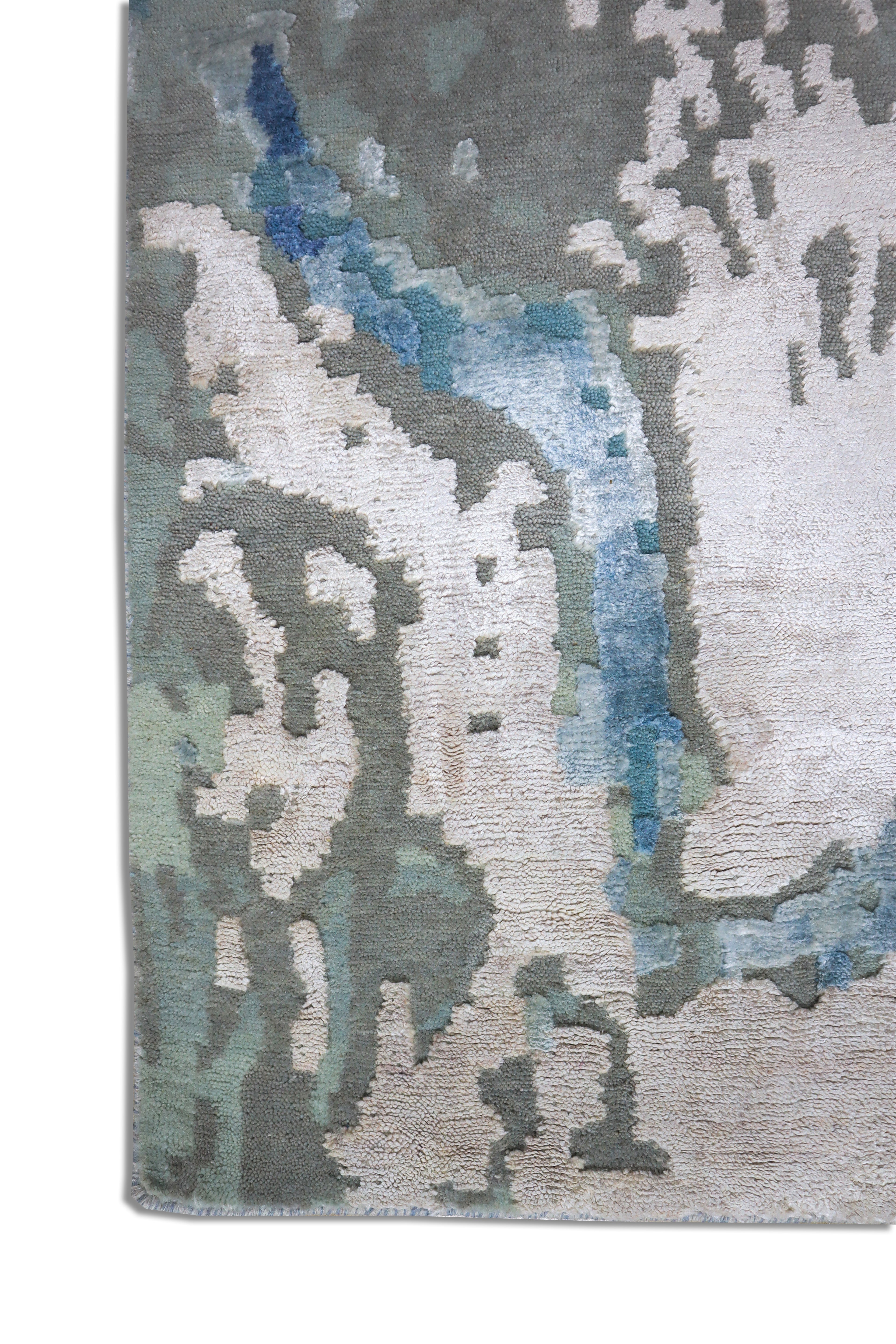 Deepwater Abstract Indo Nepali Hand Knotted Bamboo Silk Wool Rug Sky Blue Ivory