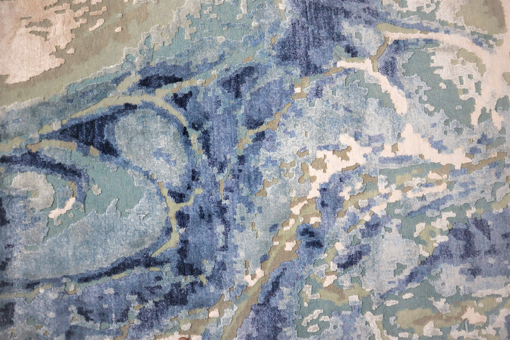 Deepwater Abstract Indo Nepali Hand Knotted Bamboo Silk Wool Rug Sky Blue Ivory