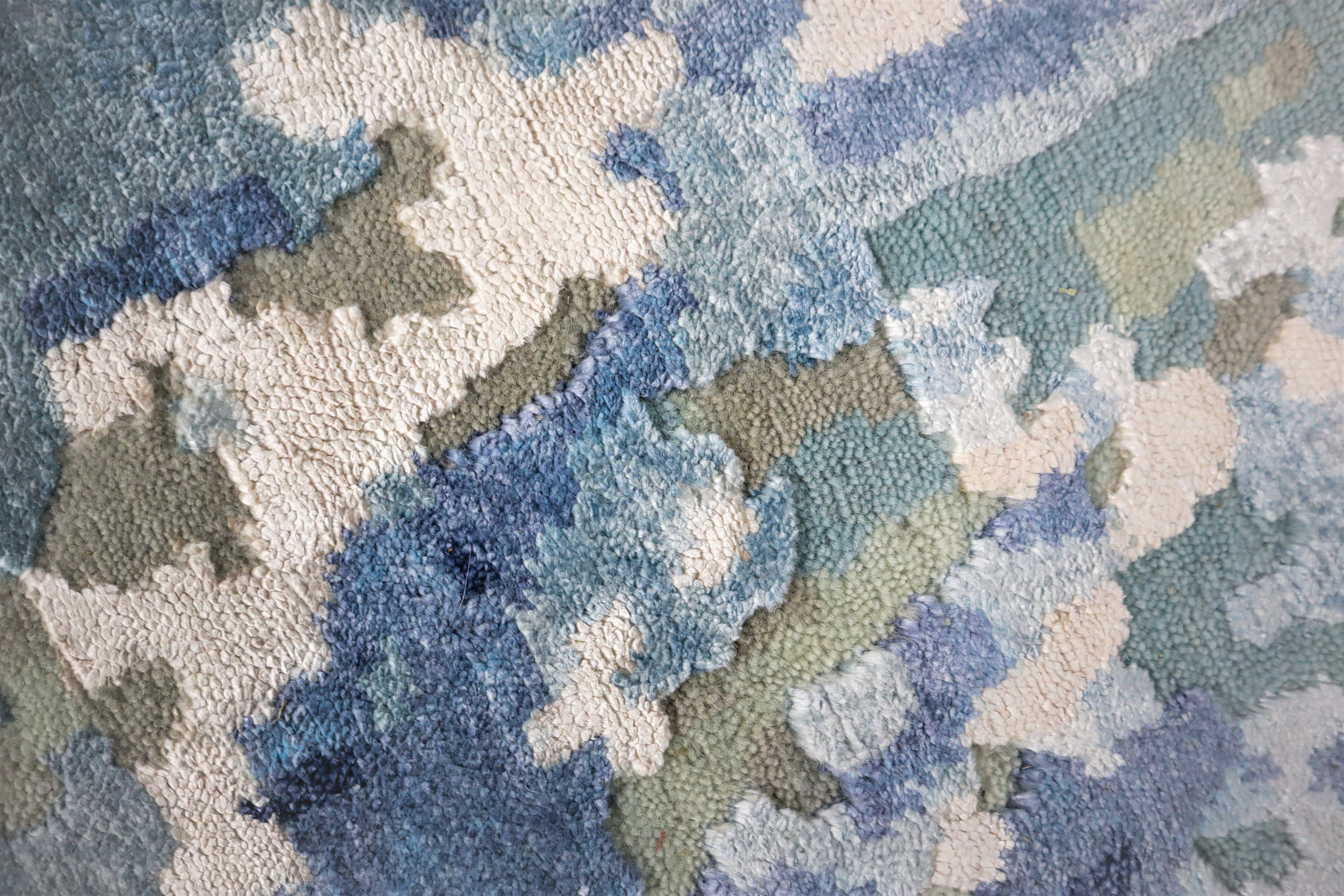 Deepwater Abstract Indo Nepali Hand Knotted Bamboo Silk Wool Rug Sky Blue Ivory
