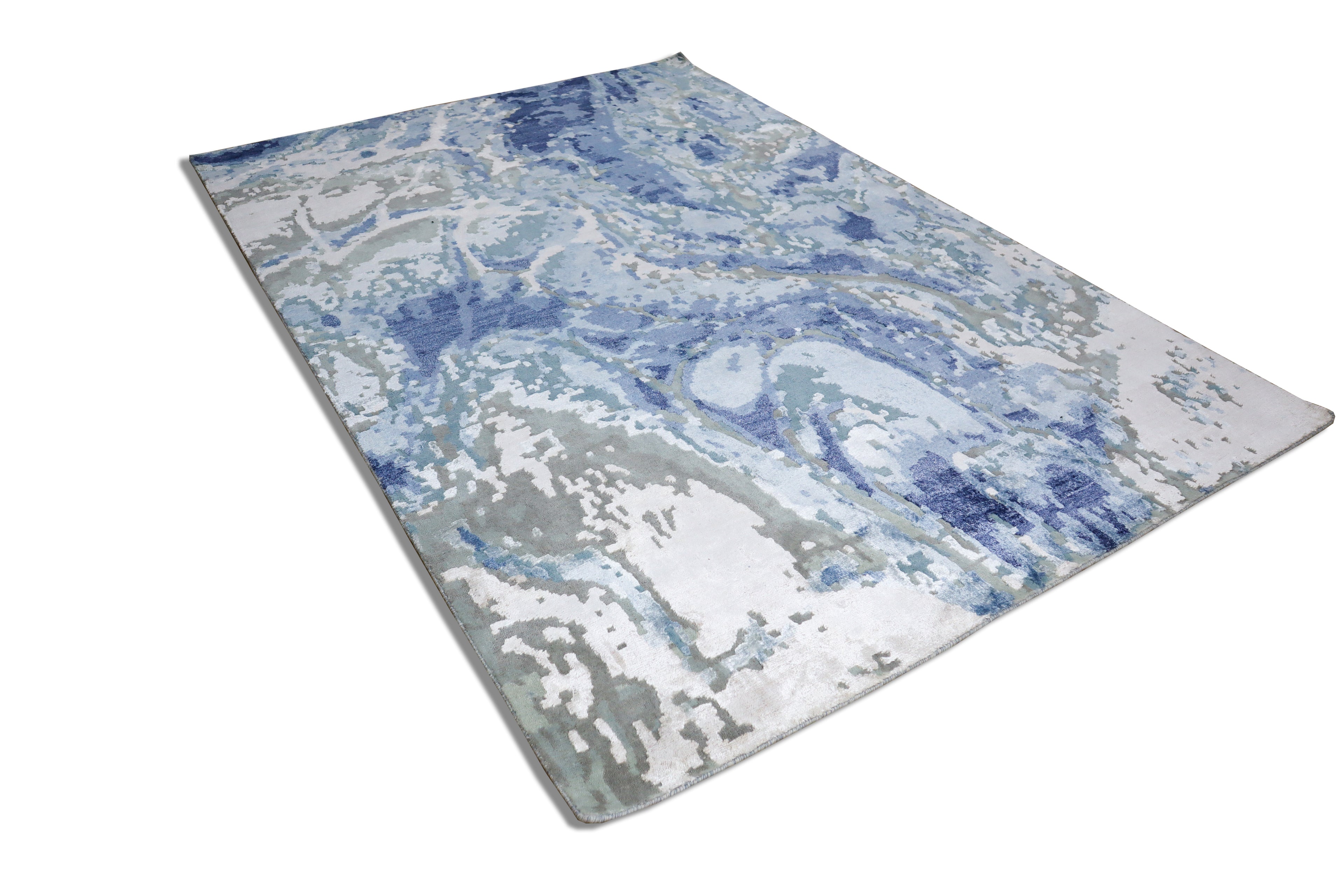 Deepwater Abstract Indo Nepali Hand Knotted Bamboo Silk Wool Rug Sky Blue Ivory