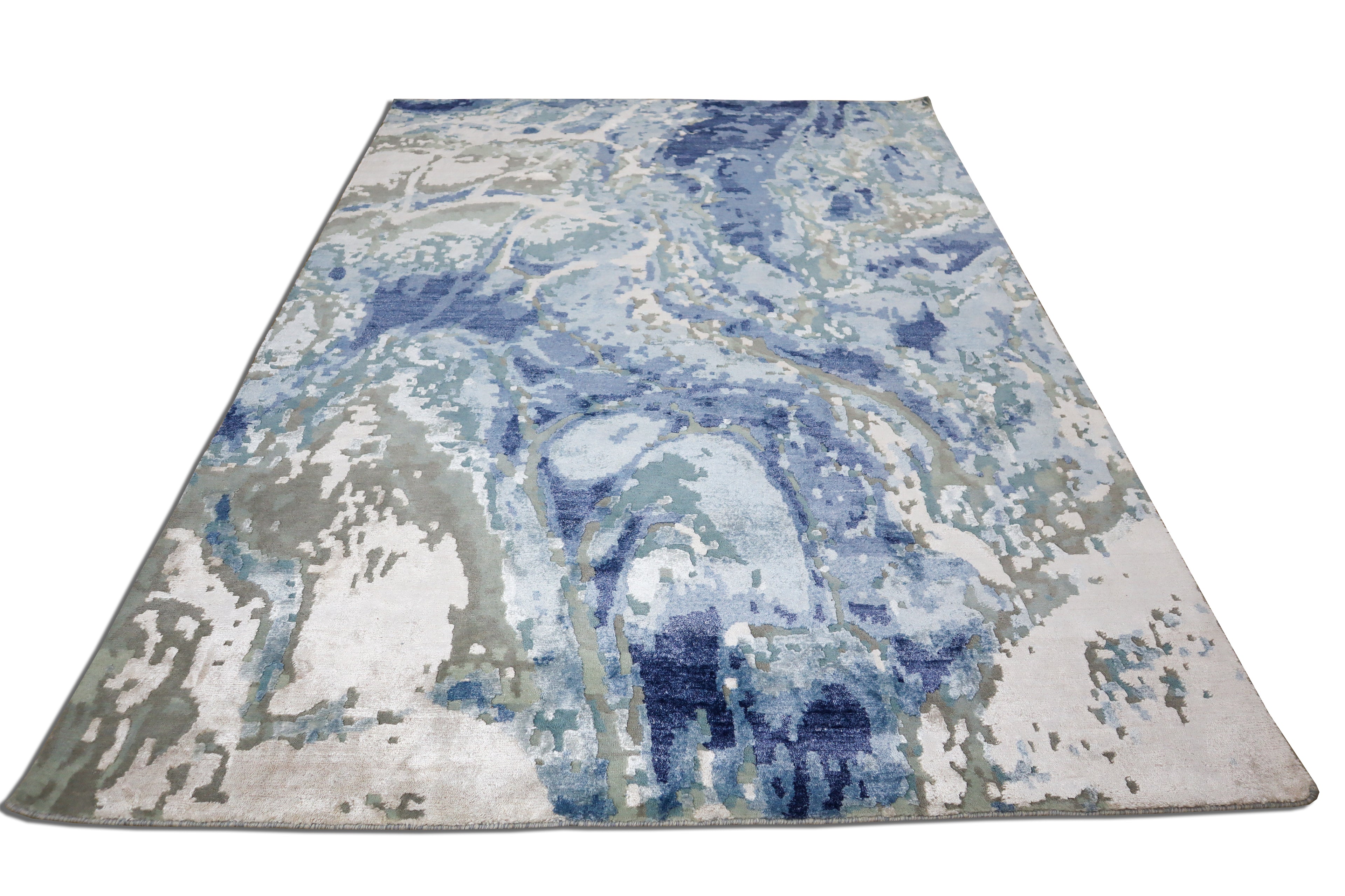 Deepwater Abstract Indo Nepali Hand Knotted Bamboo Silk Wool Rug Sky Blue Ivory