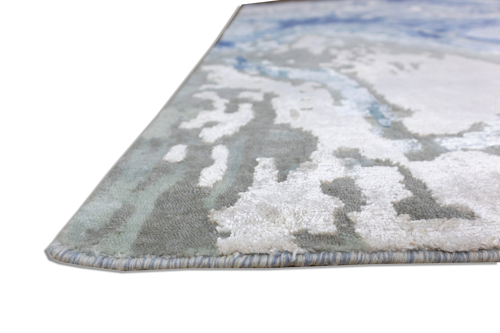 Deepwater Abstract Indo Nepali Hand Knotted Bamboo Silk Wool Rug Sky Blue Ivory