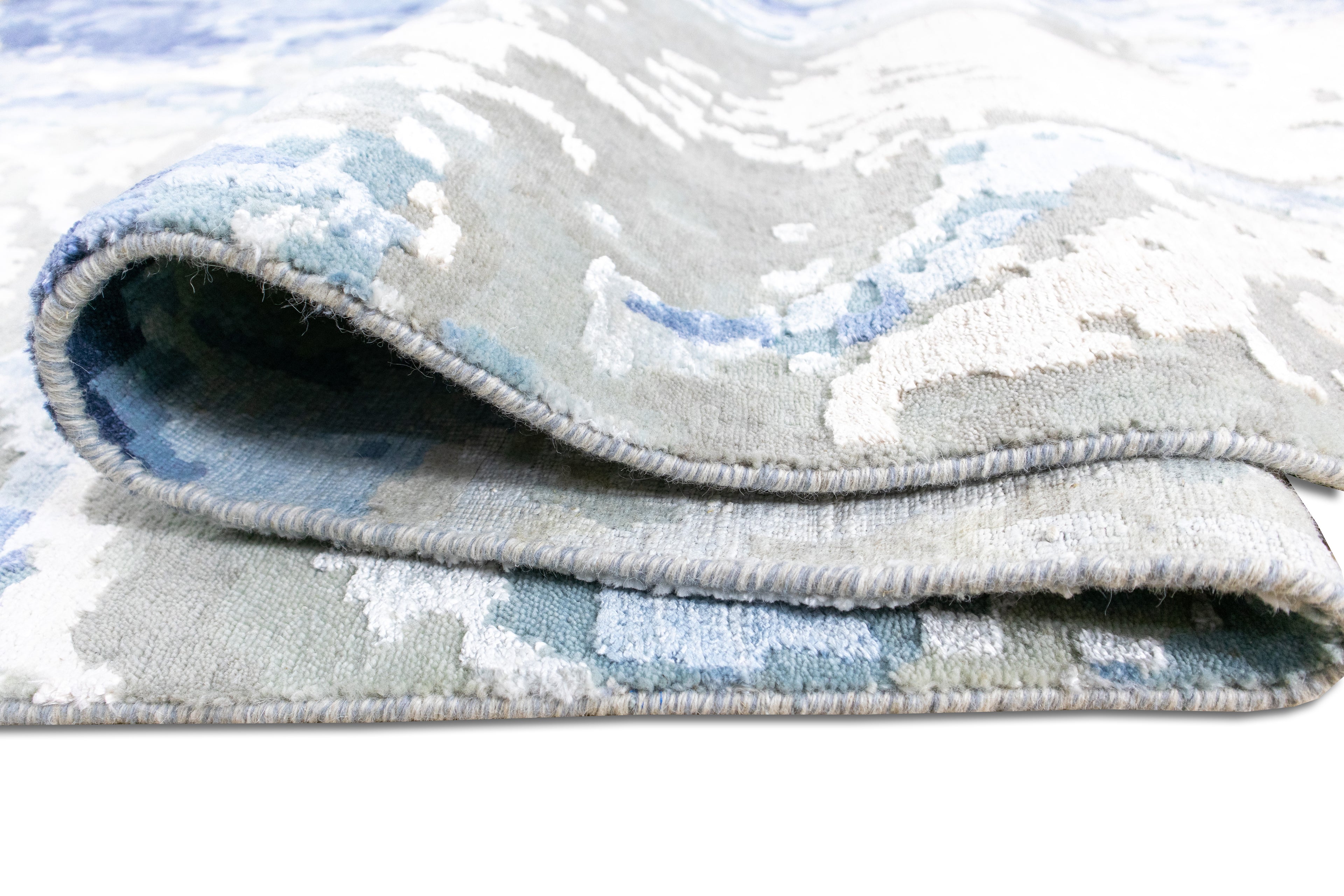Deepwater Abstract Indo Nepali Hand Knotted Bamboo Silk Wool Rug Sky Blue Ivory