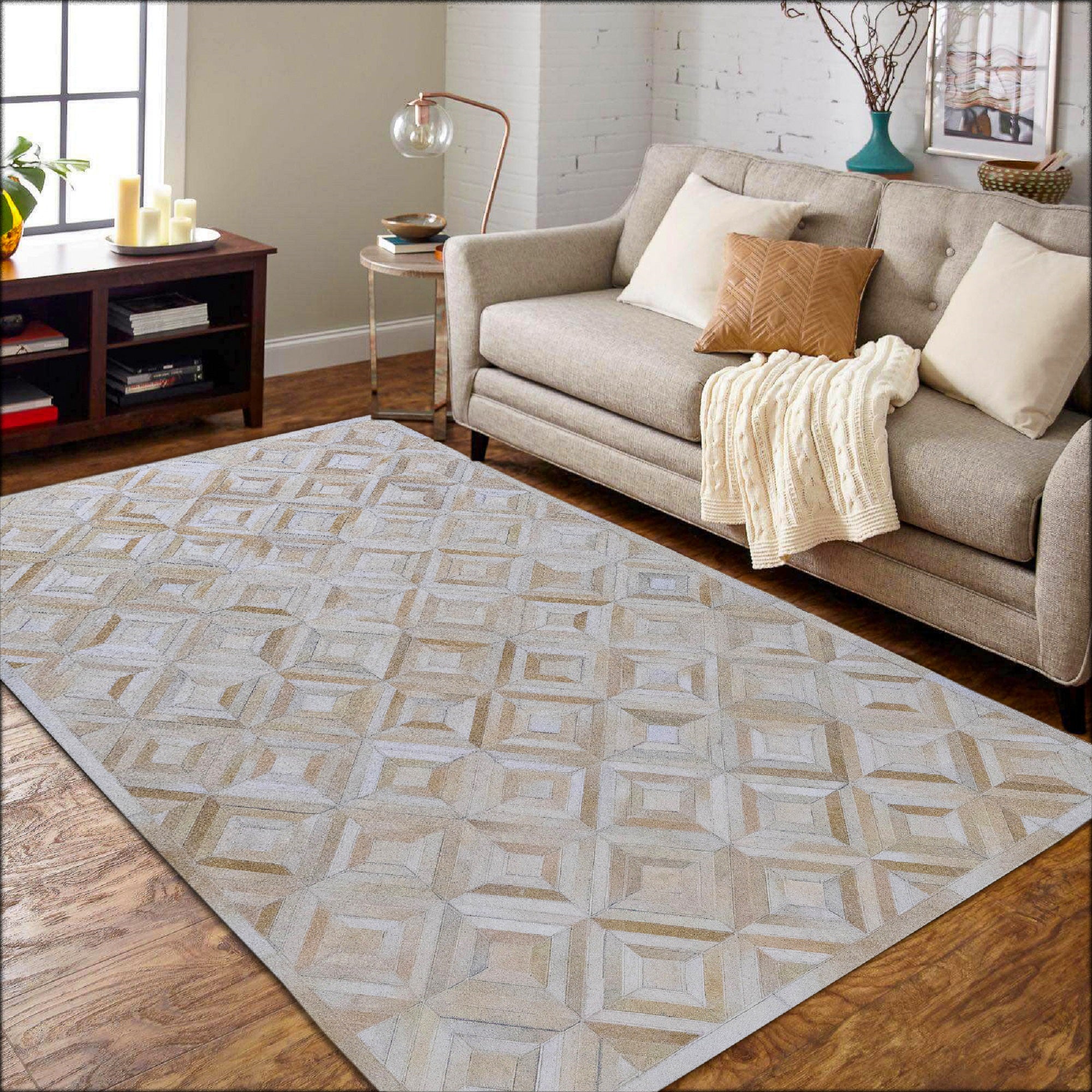 Diamond Patchwork Hide Rug Beige