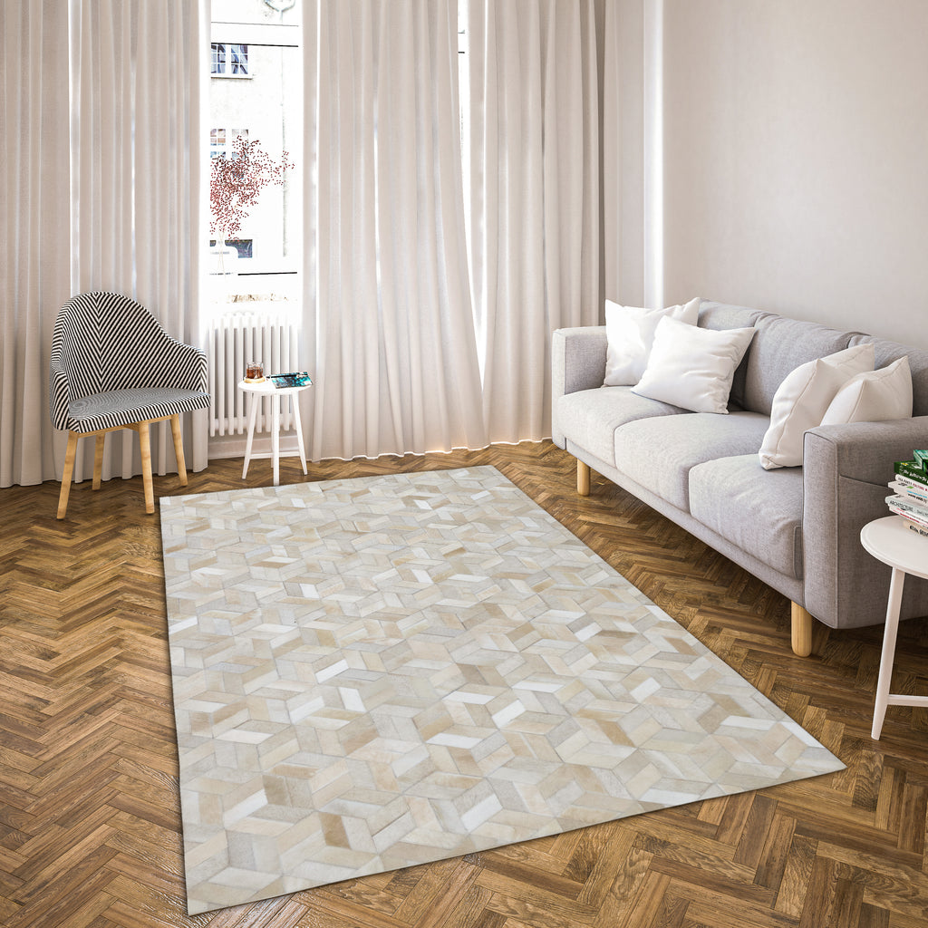 Geometric 3D Leather Hide Rug Beige