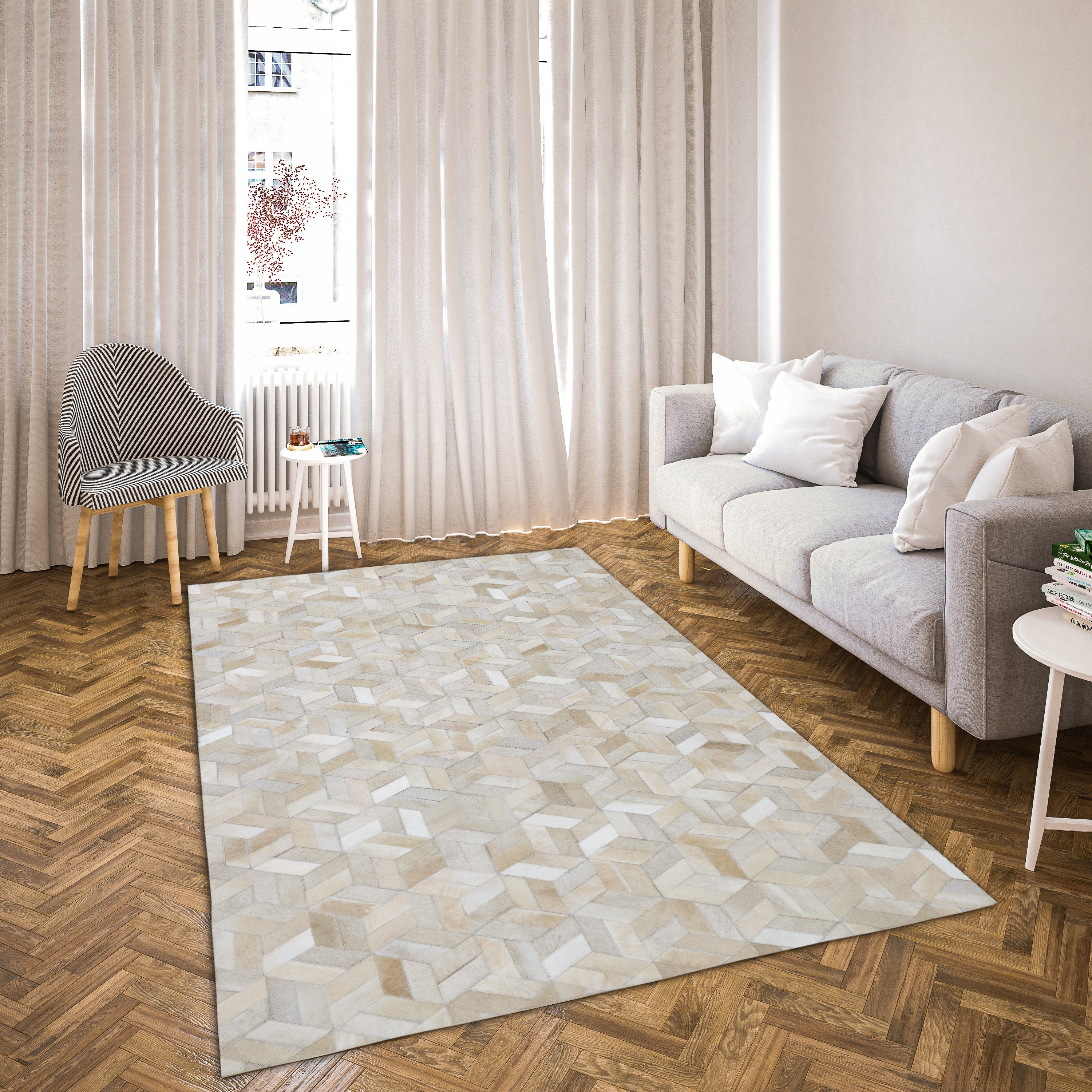 Geometric 3D Leather Hide Rug Beige