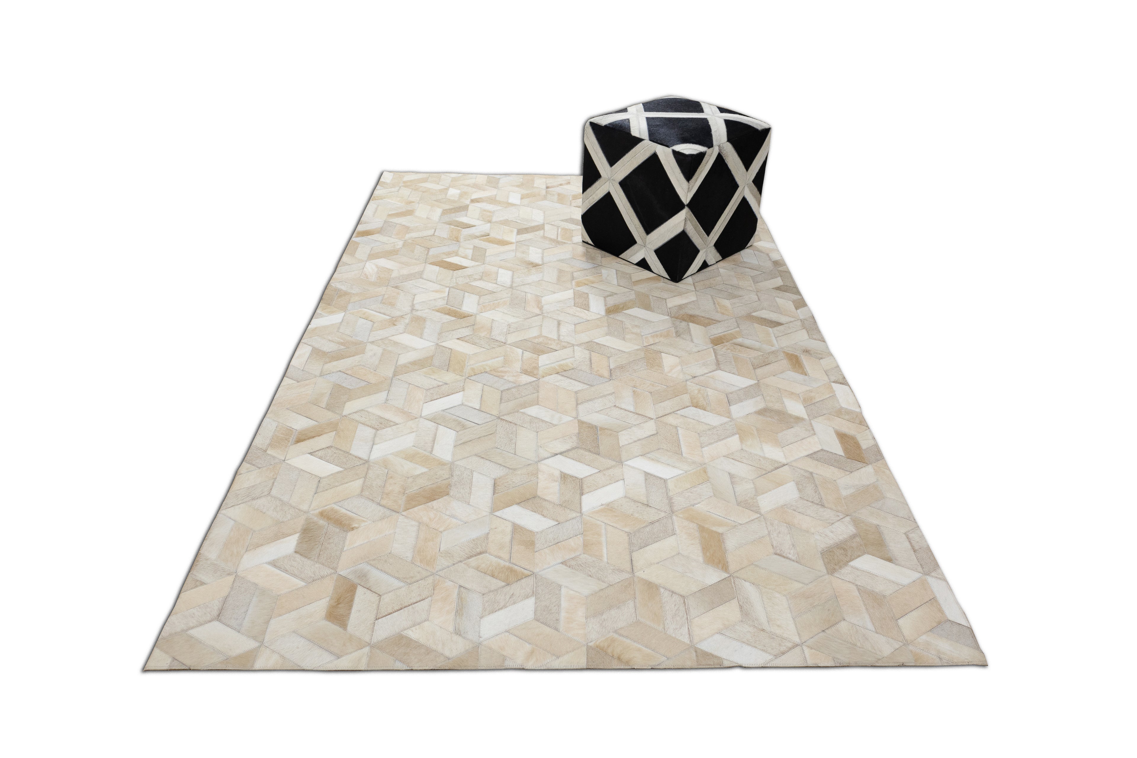 Geometric 3D Leather Hide Rug Beige