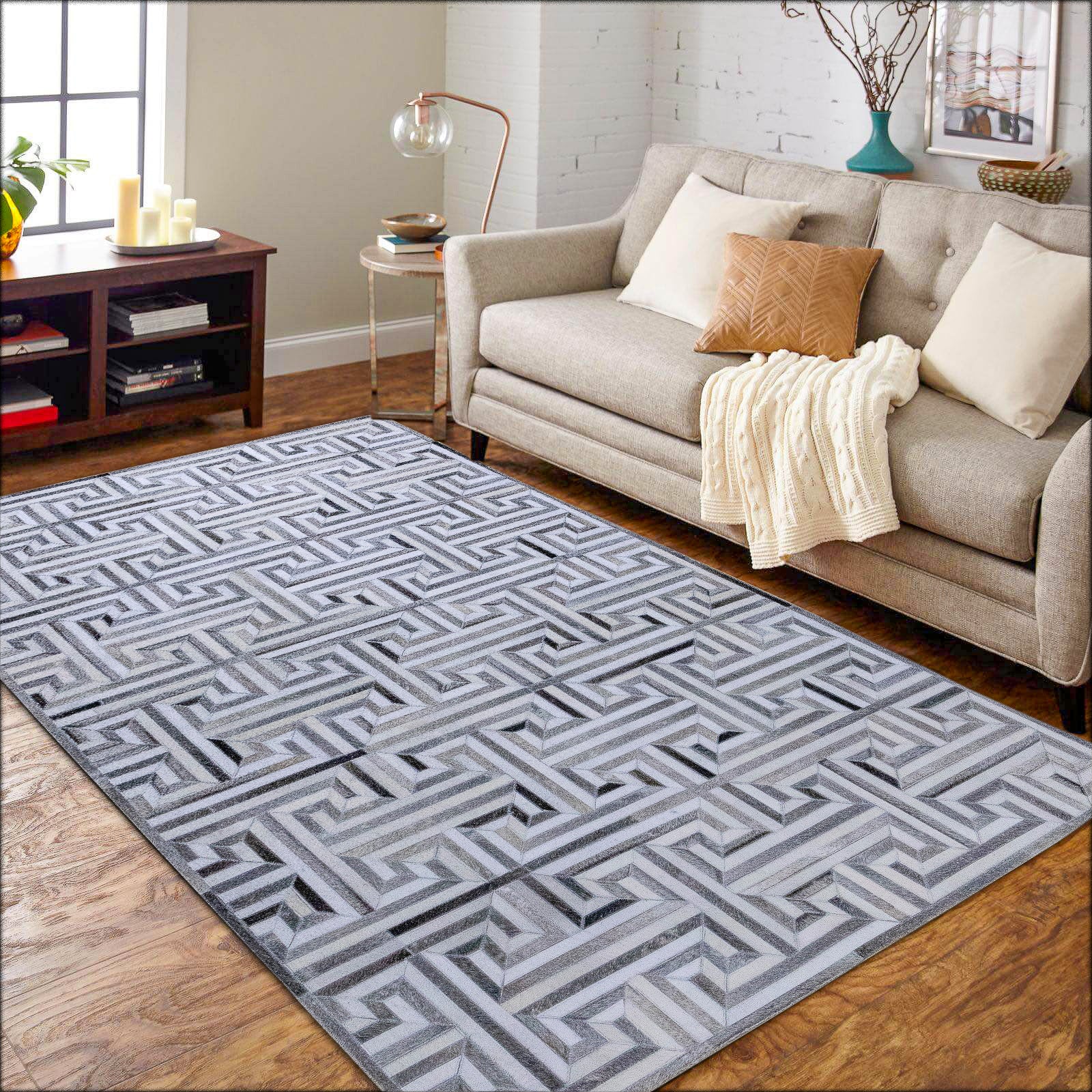 Greek Key Leather Hide Rug Grey