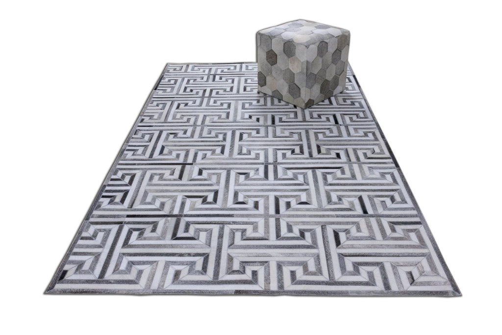 Greek Key Leather Hide Rug Grey