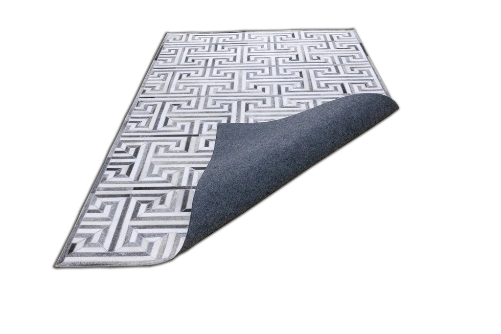 Greek Key Leather Hide Rug Grey