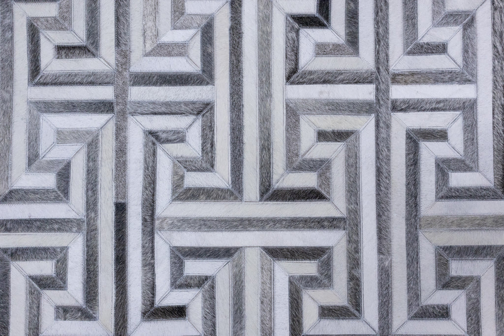 Greek Key Leather Hide Rug Grey