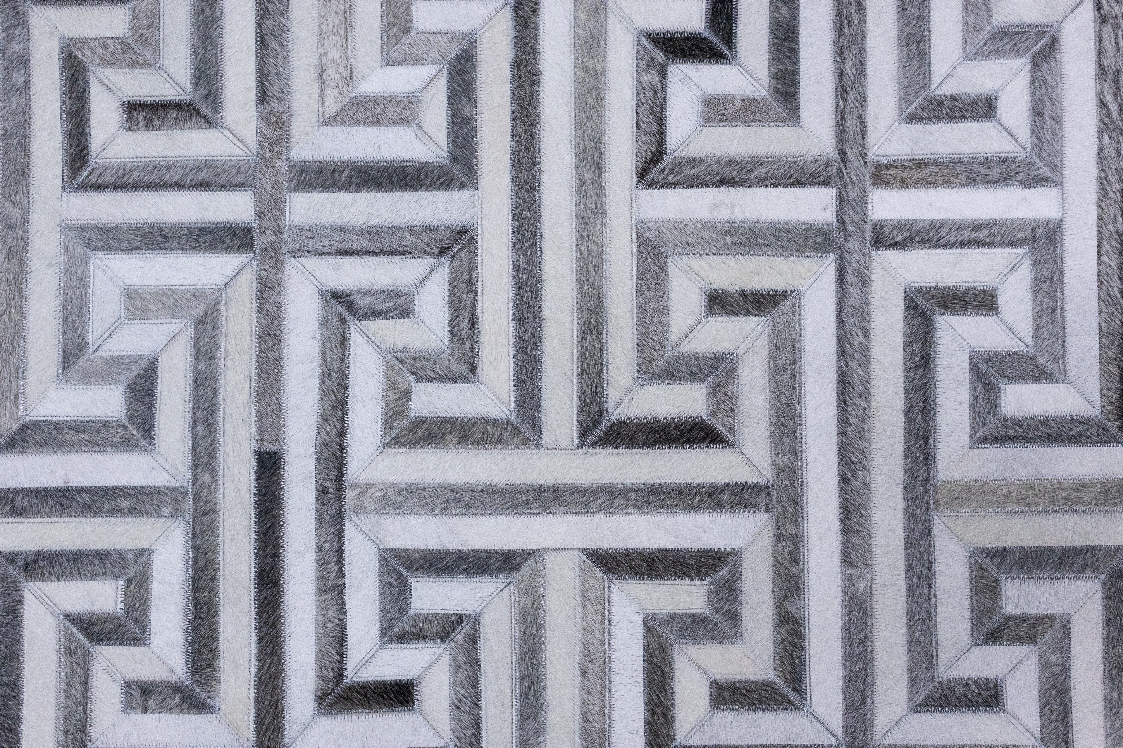 Greek Key Leather Hide Rug Grey