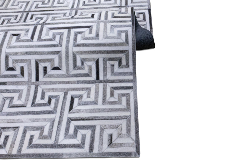 Greek Key Leather Hide Rug Grey