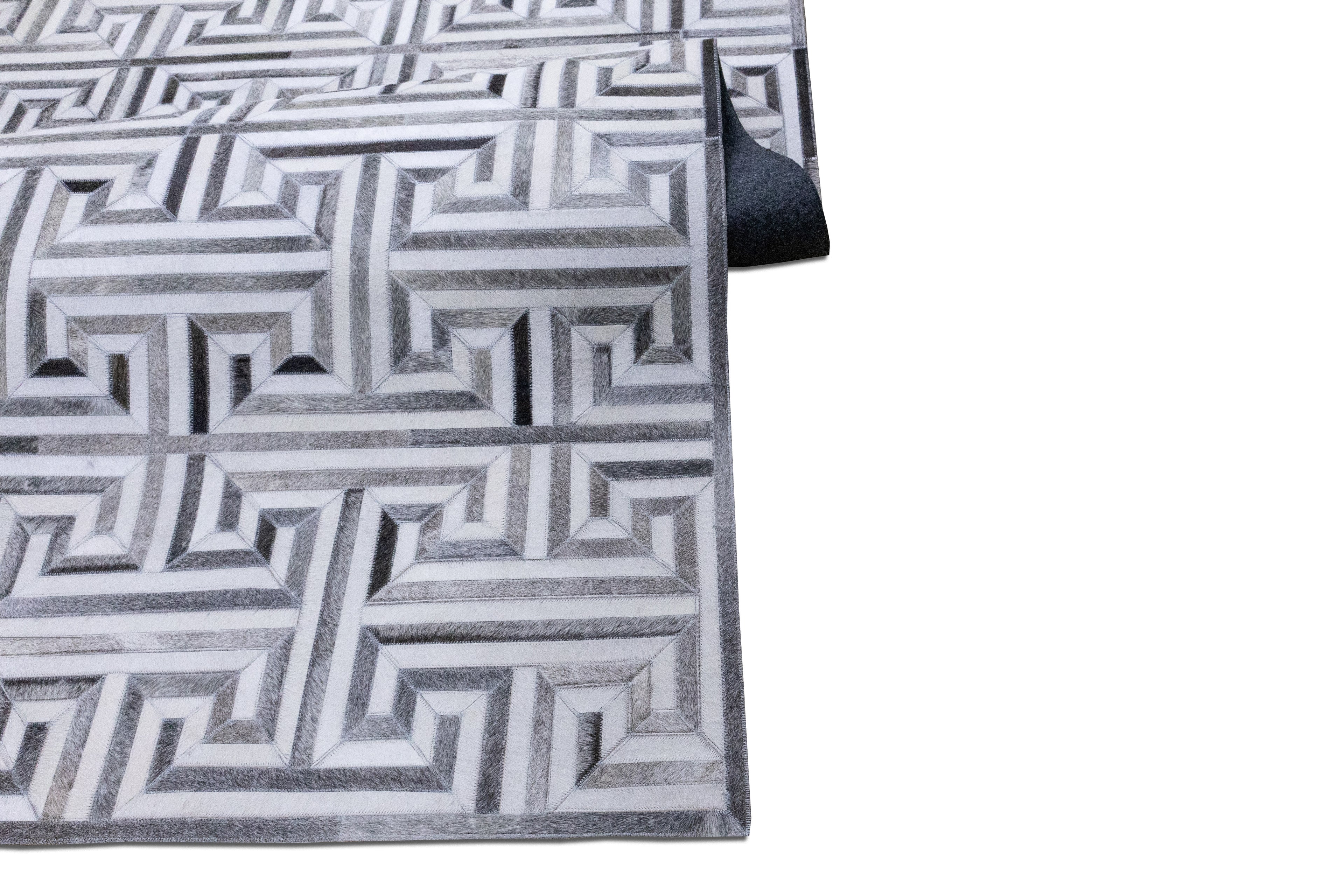 Greek Key Leather Hide Rug Grey