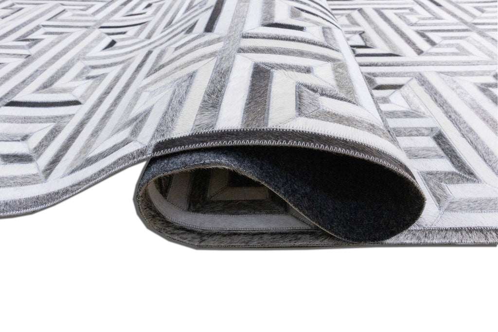 Greek Key Leather Hide Rug Grey