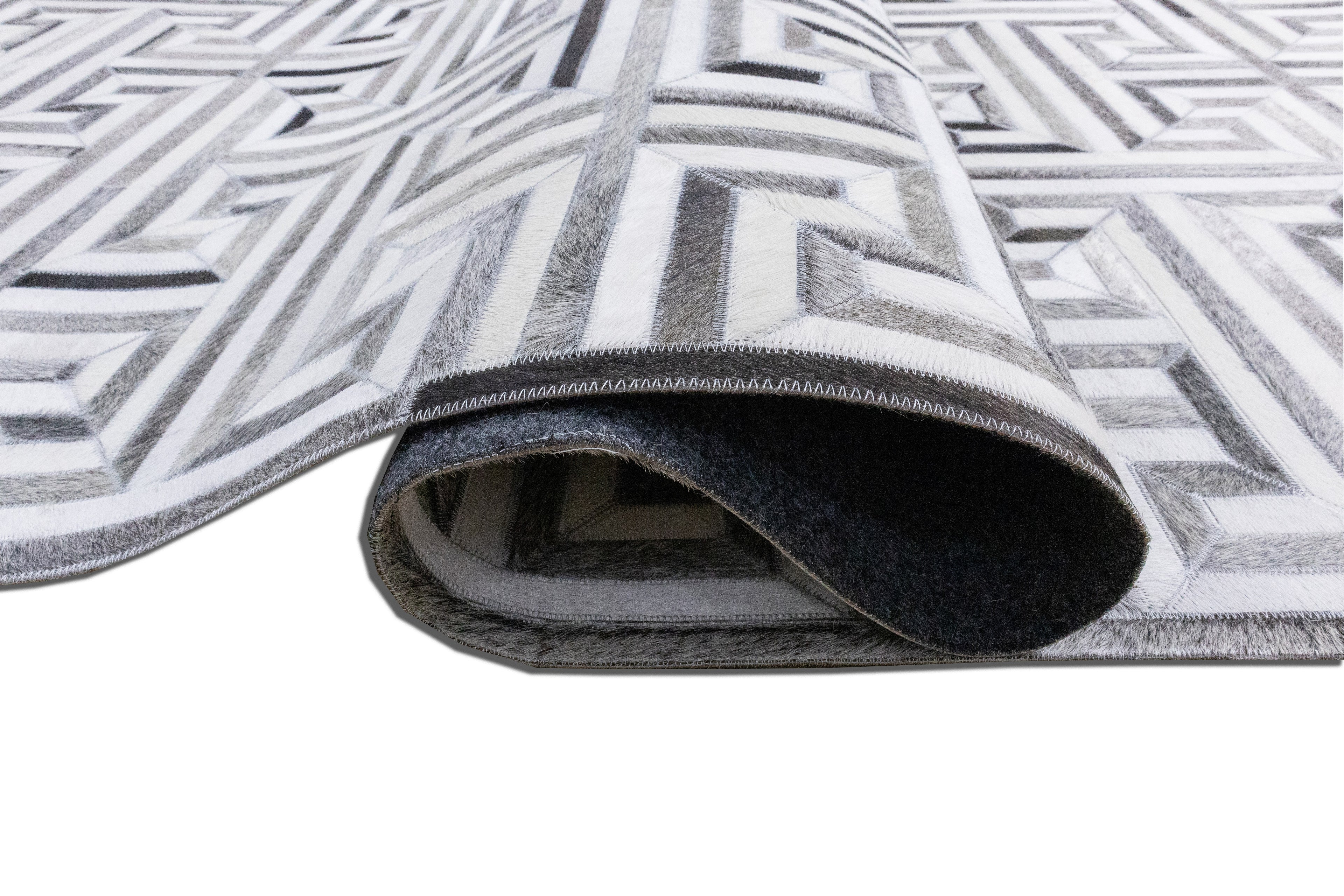Greek Key Leather Hide Rug Grey