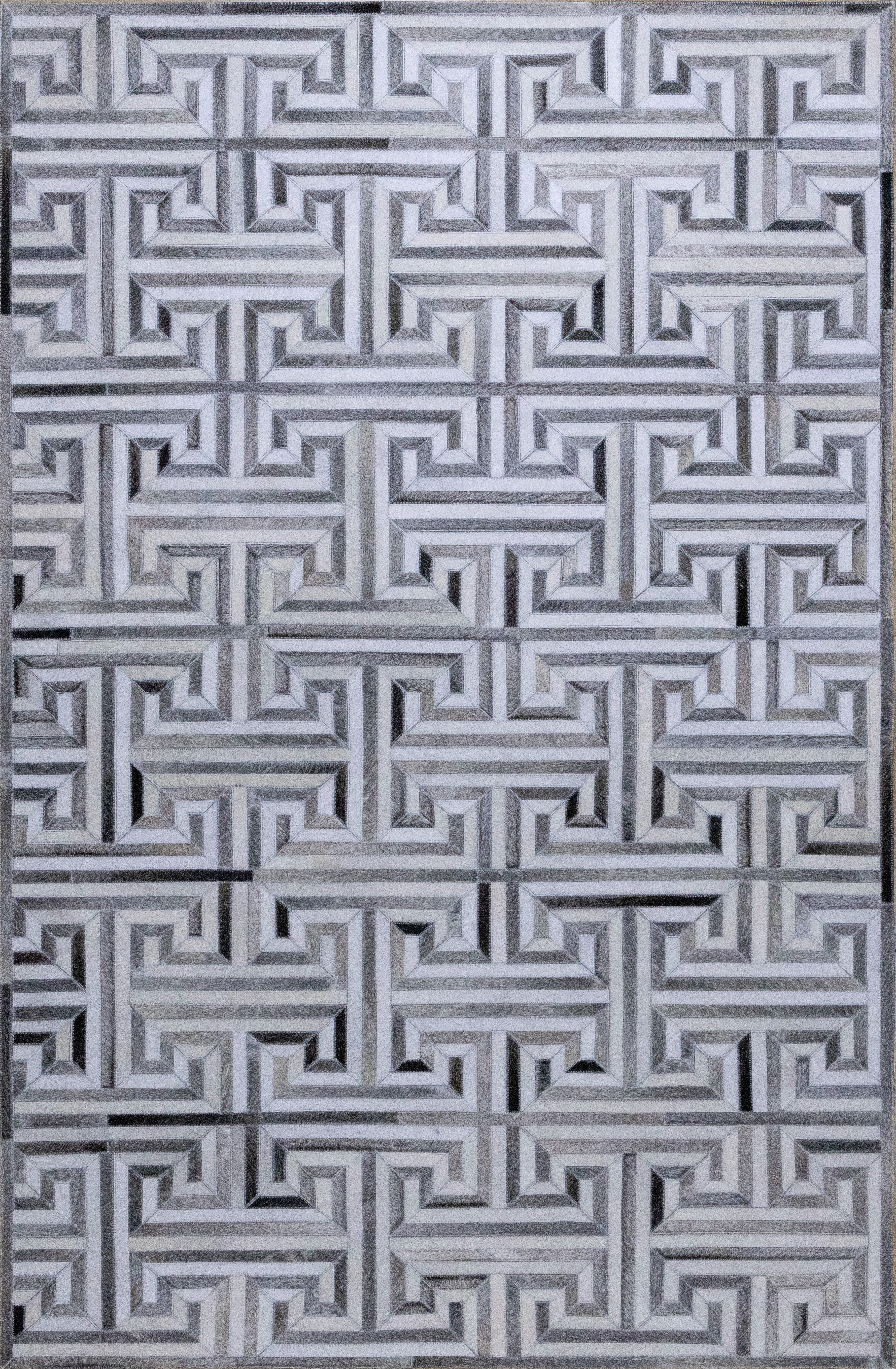 Greek Key Leather Hide Rug Grey