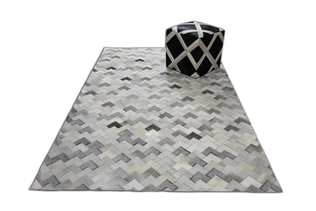 Herringbone Leather Hide Rug Ivory Grey Multicolor