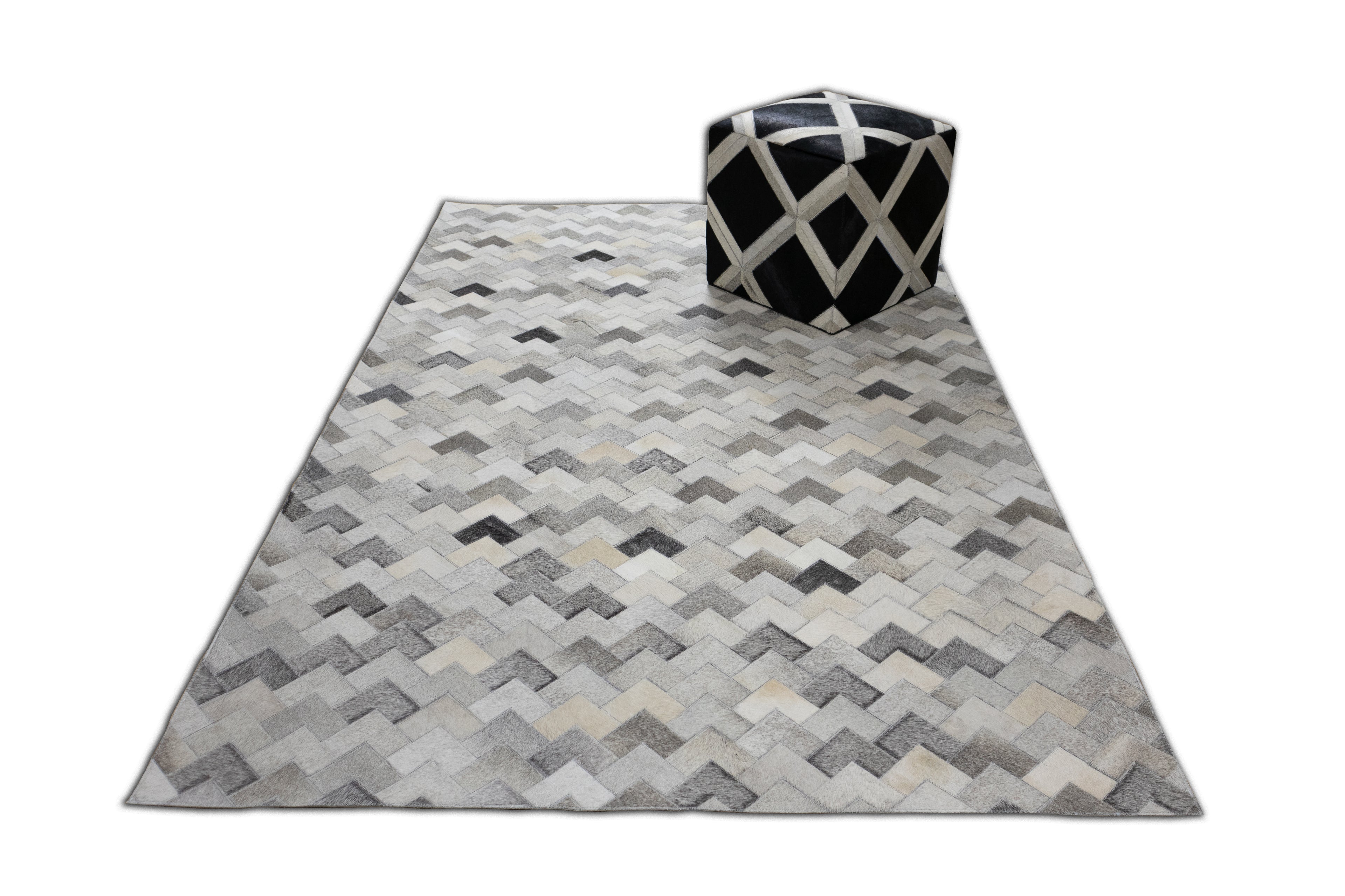 Herringbone Leather Hide Rug Ivory Grey Multicolor