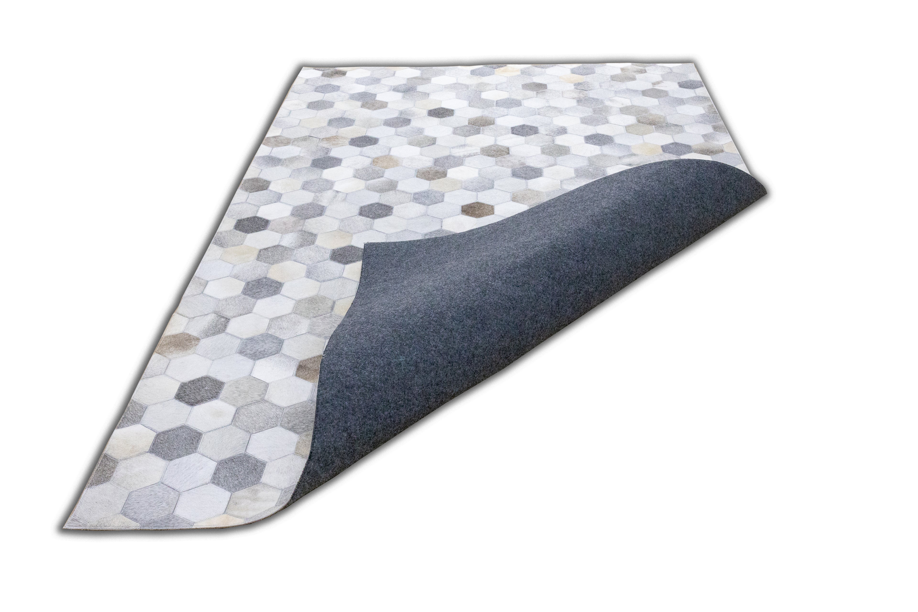 Hexa Pattern Leather Hide Rug Light Grey