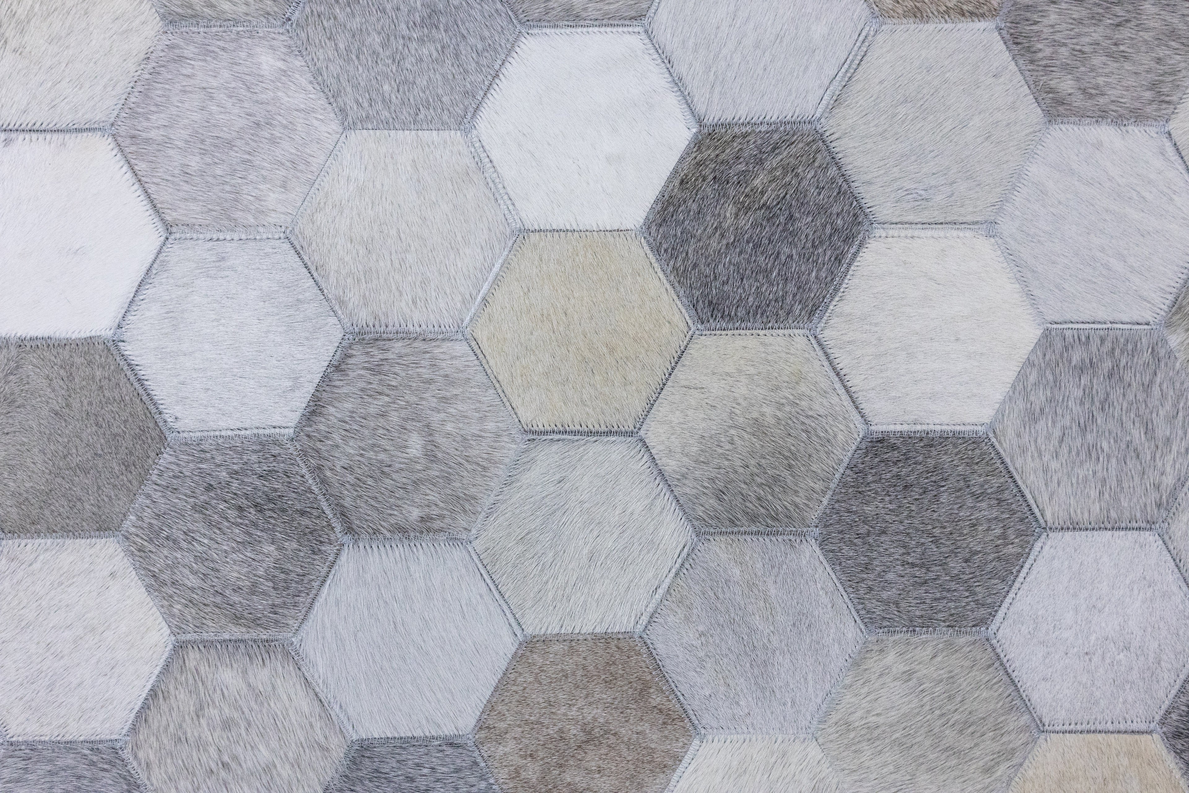 Hexa Pattern Leather Hide Rug Light Grey
