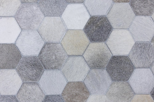 Hexa Pattern Leather Hide Rug Light Grey