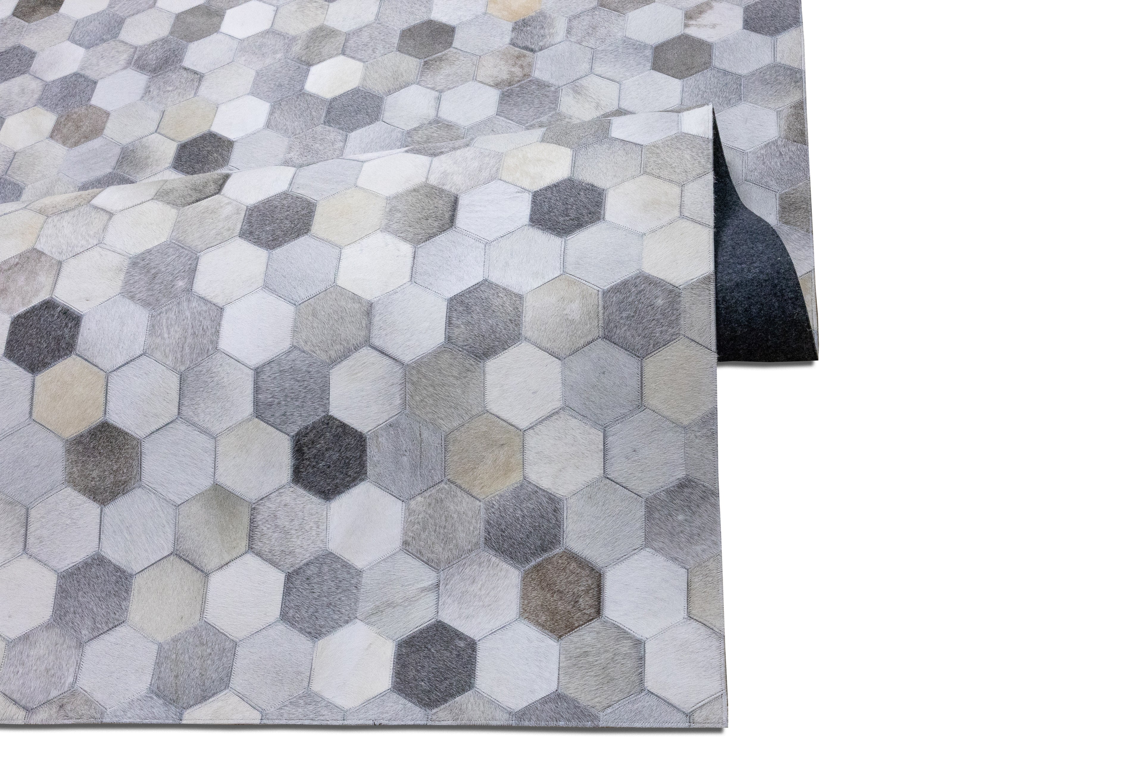 Hexa Pattern Leather Hide Rug Light Grey