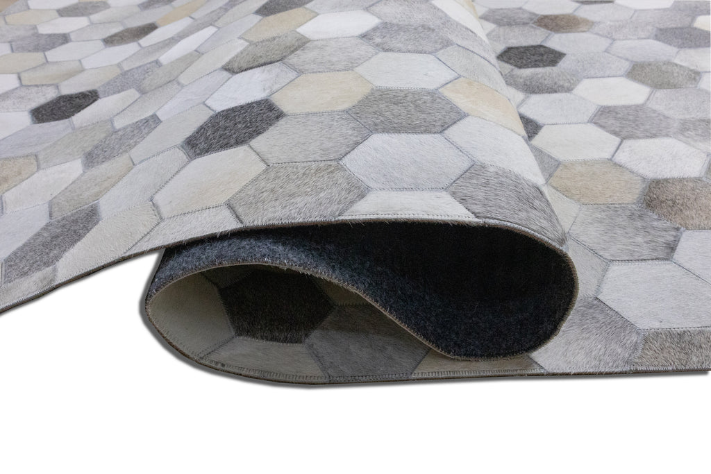 Hexa Pattern Leather Hide Rug Light Grey