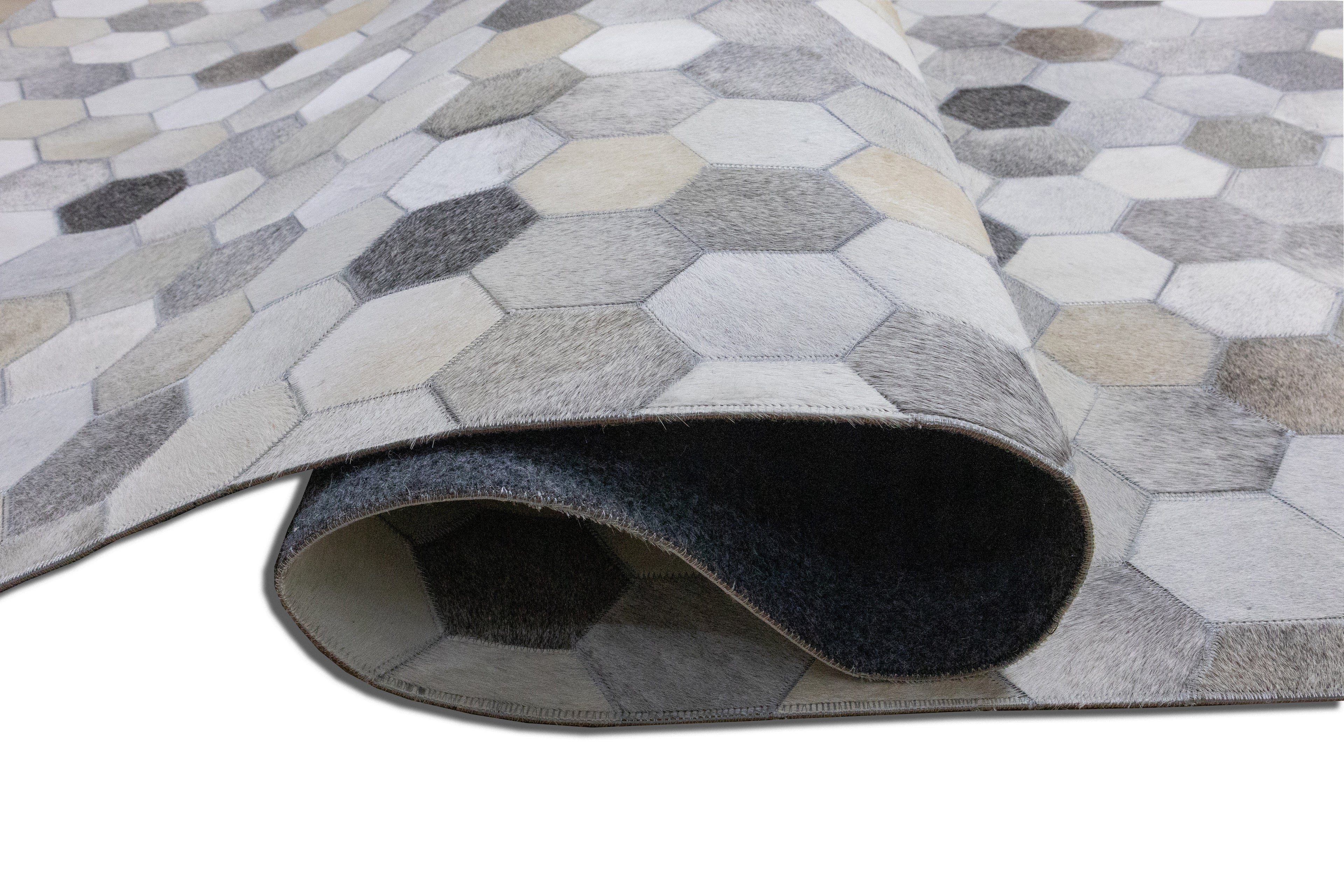 Hexa Pattern Leather Hide Rug Light Grey